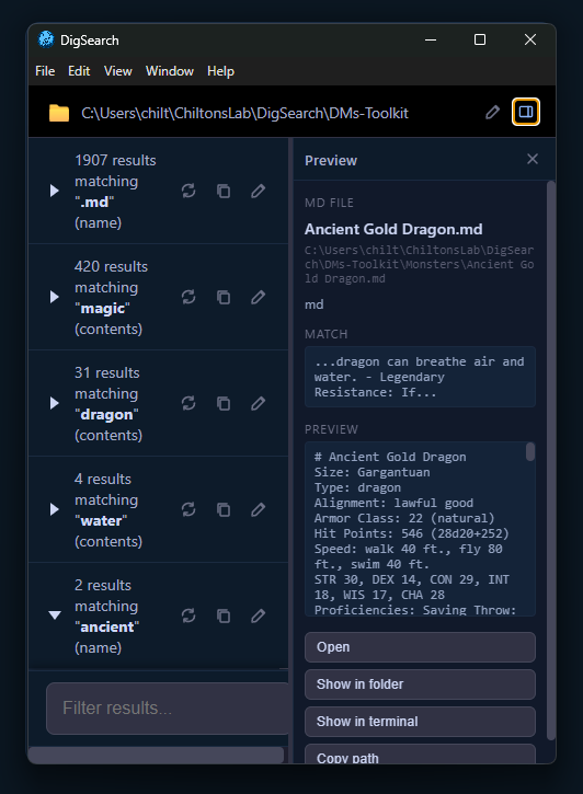 Preview pane on result click