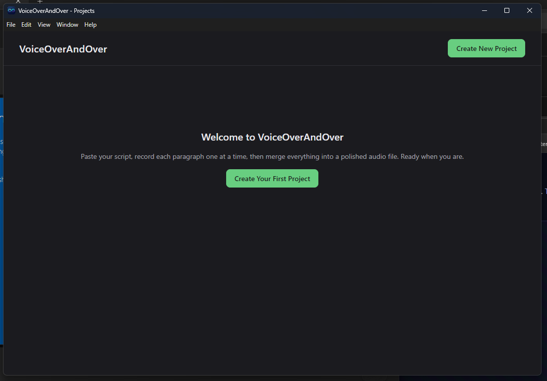 Empty Projects screen on first launch