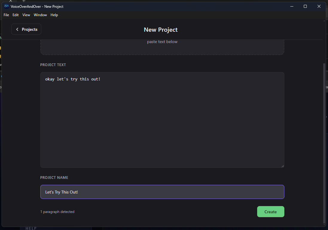 The New Project screen with a script pasted in