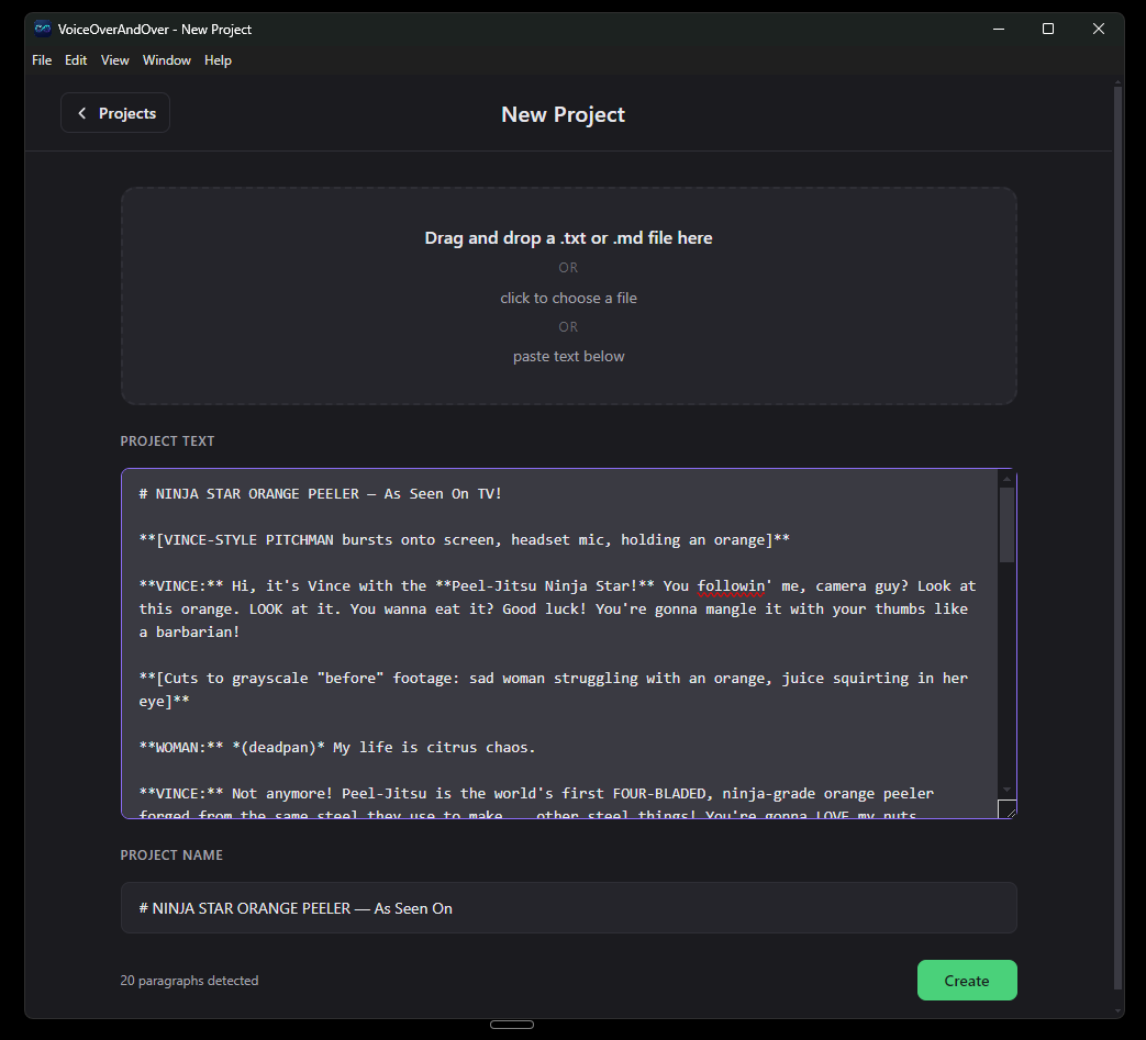 New project screen with drag-and-drop and pasted script