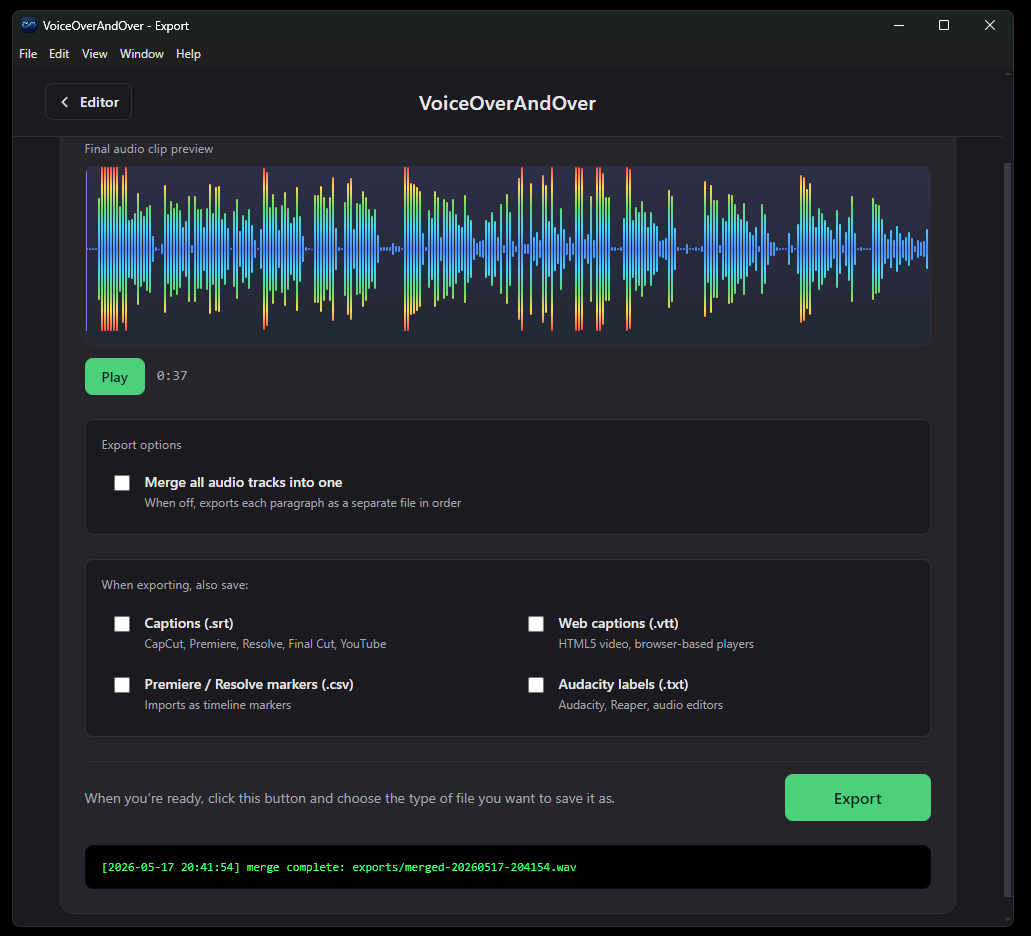 Export screen with merge, equalize, and caption options